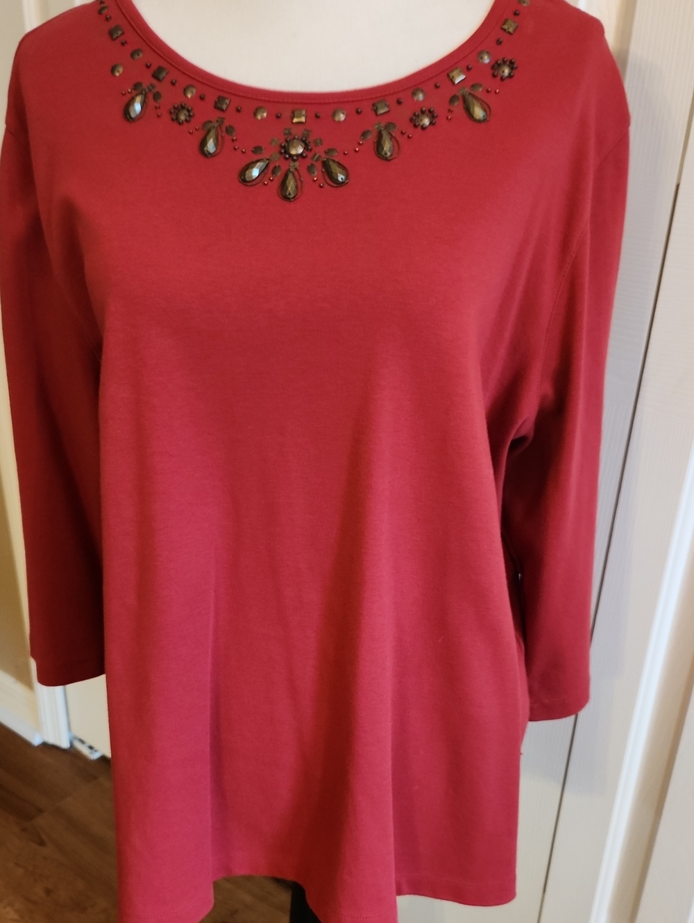 Alfred Dunner Red Jewel-Embellished Scoop Neck Tunic